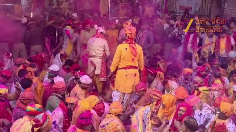 Watch Video: भक्तों पर लड्डुओं की बारिश... लाडली जू मंदिर में ठाकुर जी संग होली, खूब उड़ा रंग गुलाल