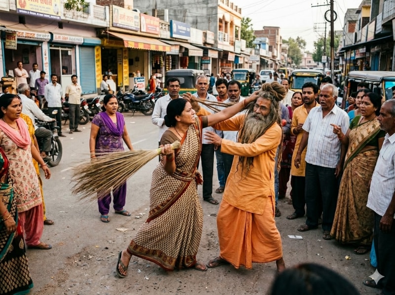 15 साल बाद साधु के वेष में पति मिला तो महिला ने खोया आपा, बीच सड़क झाड़ू से पीटा