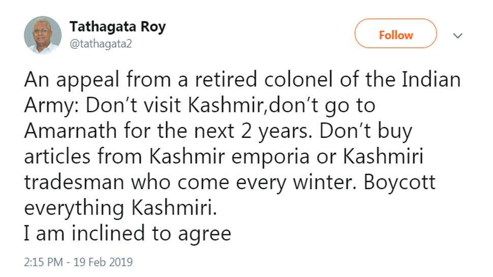 Boycott everything Kashmiri, says Meghalaya Governor Tathagata Roy
