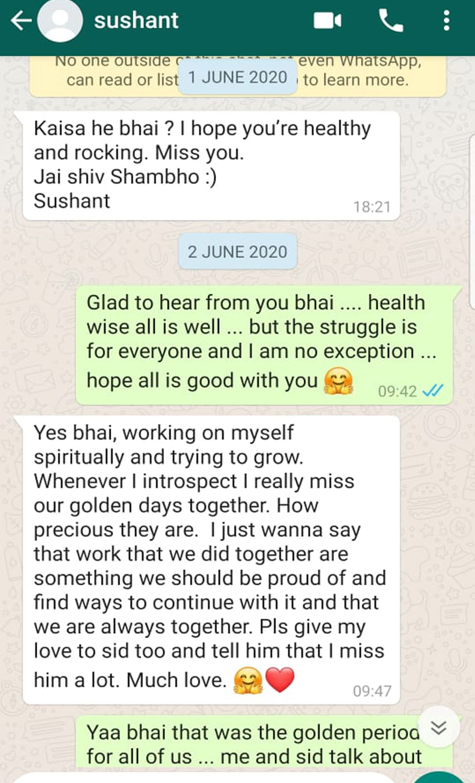 WhatsApp Chat between Sushant singh rajput and his friend Kushal Zhaveri